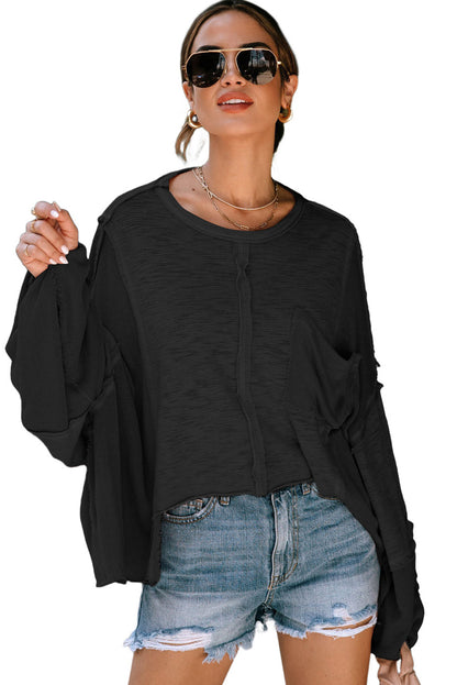 Green Splicing Long Sleeve Pocketed Oversized Top