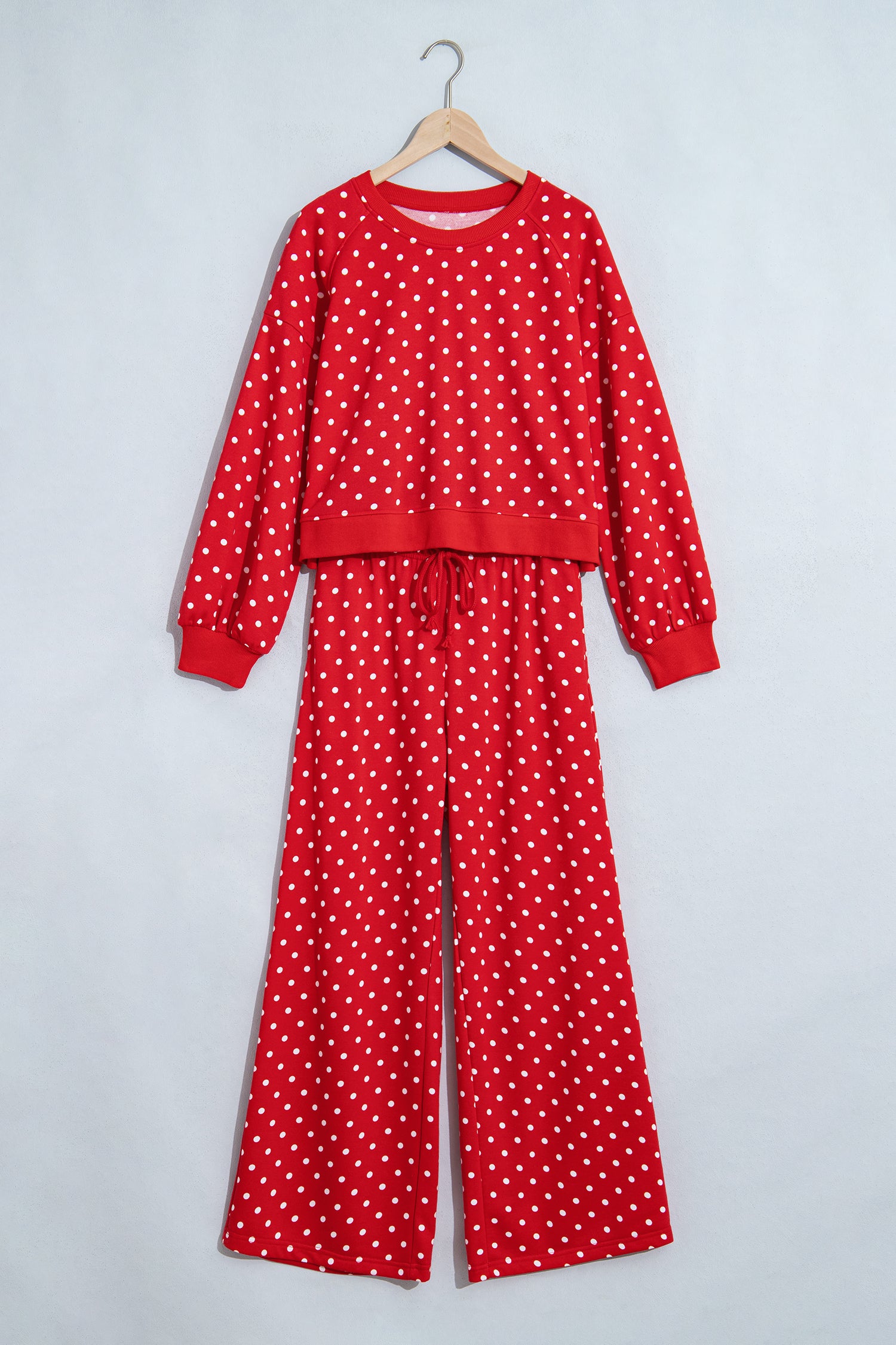 Brown Polka Dot Drawstring Wide Leg Long Sleeve Top Pant Set