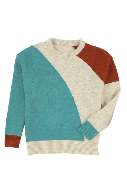 Multicolor Colorblock Ribbed Trim Round Neck Sweater