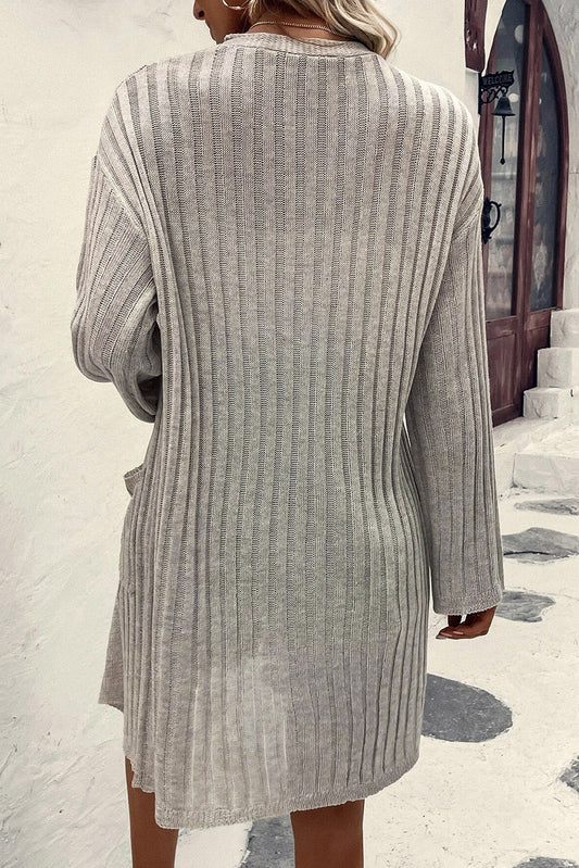 Gray Pocketed Rib Knit Open Front Cardigan