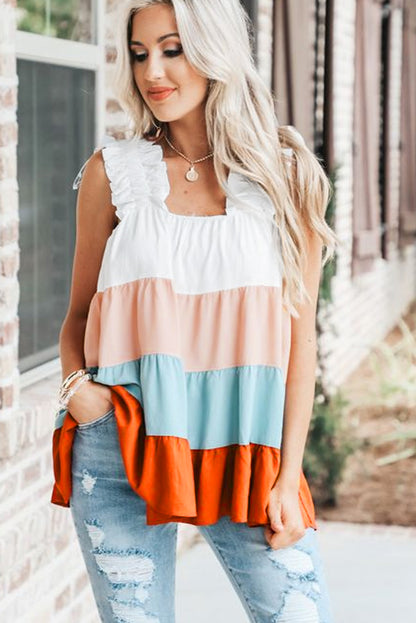 White Color Block Frill Straps Tiered Sleeveless Shirt