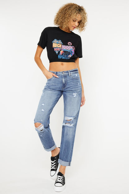 Kancan Mid Rise Distressed Straight Jeans