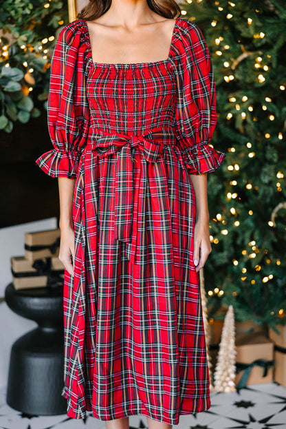 Red Plaid Square Neck Puff Sleeve Bowknot Waist Flared Midi Dress