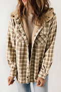 Khaki Snap Button Sherpa Lined Hooded Flannel Jacket