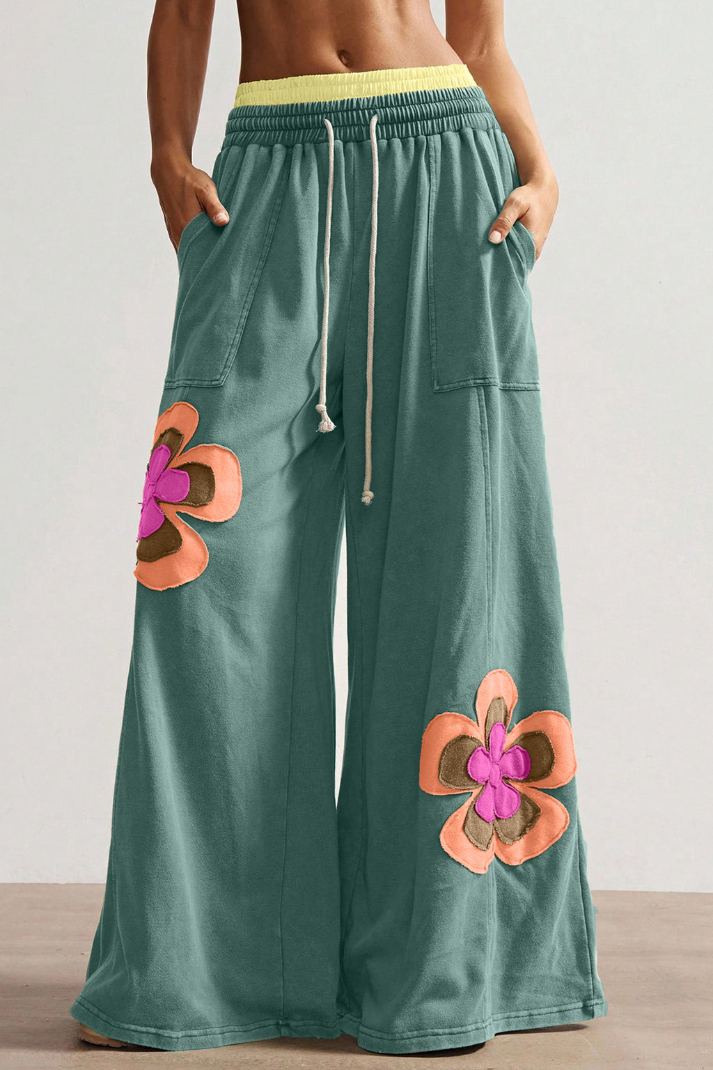 Grapefruit Orange Color Block Flower Patchwork Drawstring Contrasted Elastic Waist Wide Leg Pants