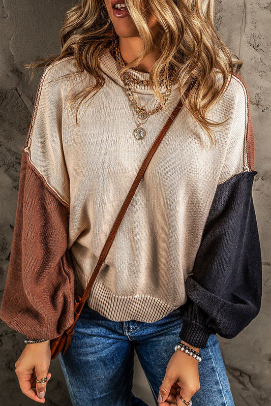 Brown Colorblock Bishop Sleeve Exposed Seam Ribbed Trim Sweater