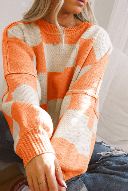 Khaki Plaid Bishop Sleeve Pullover Sweater