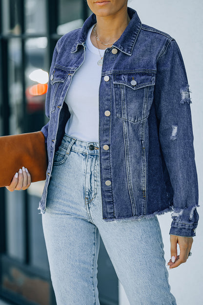 Red Distressed Raw Hem Pocket Buttons Denim Jacket