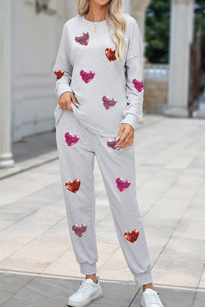 Gray Sequins Heart Graphic Top & Drawstring Pants Pajama Set