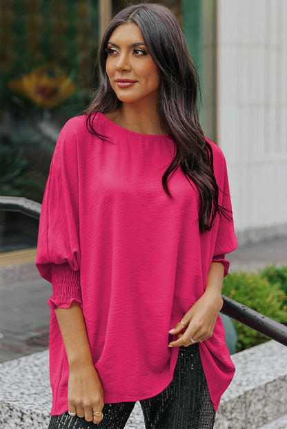 Rosy Solid Casual Smocked Cuffs Top