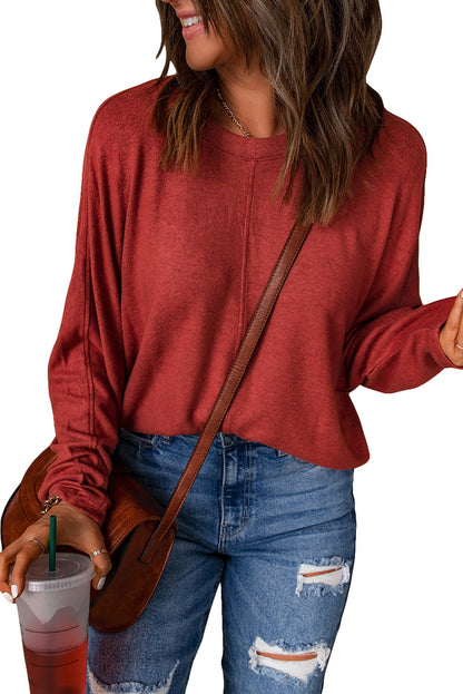 Red Basic Solid Color Seam Patchwork Long Sleeve Top