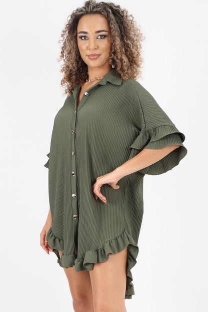 Moss Green Pleated Ruffle Sleeve Oversized Shirt Dress