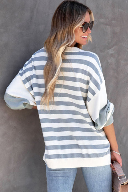 Blue Striped Casual Drop Shoulder Pullover Sweatshirt