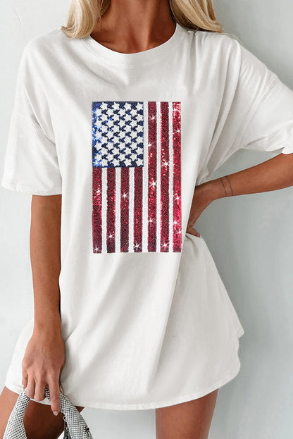 White Sequined American Flag Graphic Crewneck Oversized Tee