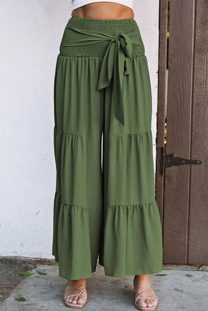 Khaki Lace up Smocked Waist Tiered Wide Leg Pants