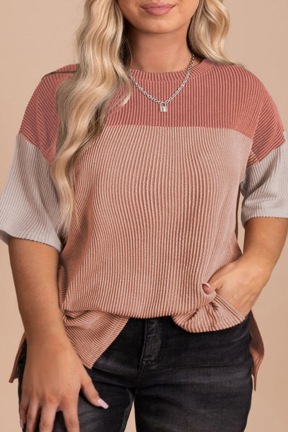 Rose Pink Plus Size Drop Sleeve Colorblock Ribbed T-shirt