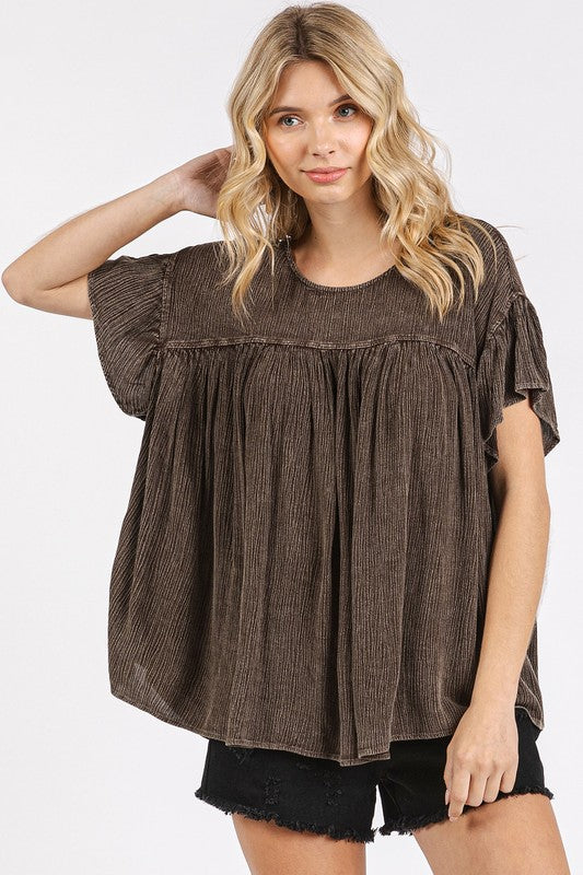 Mittoshop Mineral Washed Round Neck Ruffle Sleeve Blouse