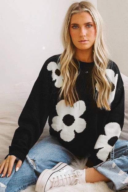 Black Flower Pattern Ribbed Trim Knit Sweater