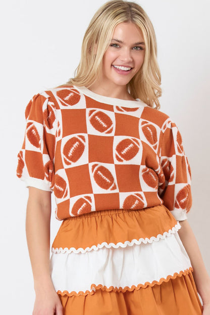 Orange Rugby Checkered Color Block Puff Sleeve Knit Top