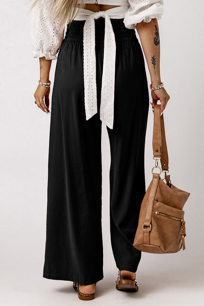 Black Casual Drawstring Shirred Elastic Waist Wide Leg Pants