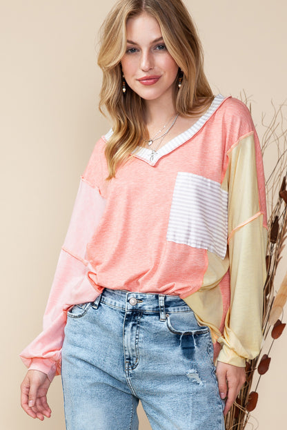 Rose Striped Color Block Splicing Long Sleeve Shirt