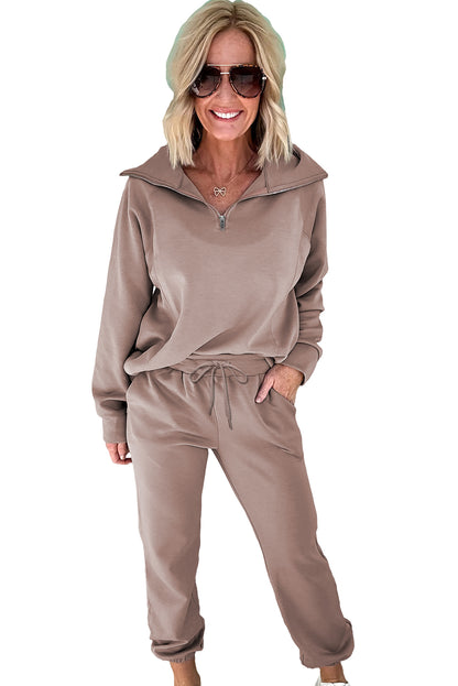 Light Grey Zip Collar Long Sleeve Top Drawstring Pants Set