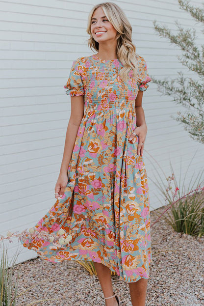 Boho Wide Sleeve Smocked Waist Floral Dress