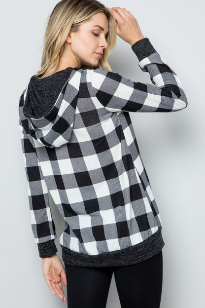 Celeste Full Size Contrast Plaid Long Sleeve Hoodie