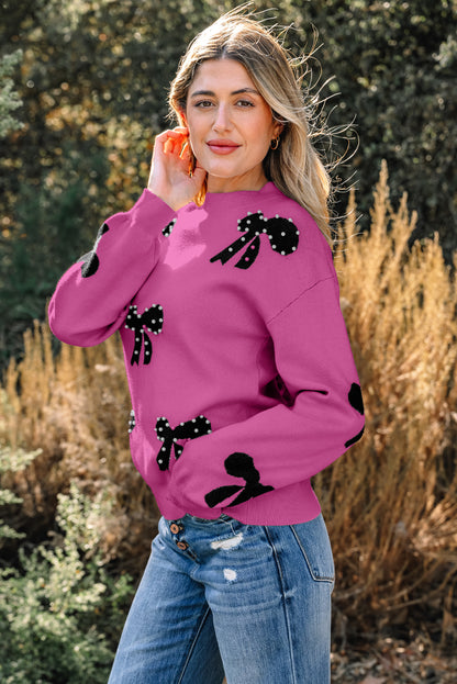 Bright Pink Pearl Embellished Bow Pattern Loose Sweater