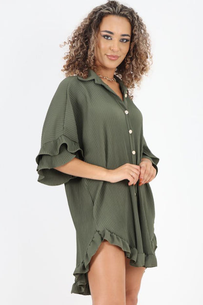 Moss Green Pleated Ruffle Sleeve Oversized Shirt Dress