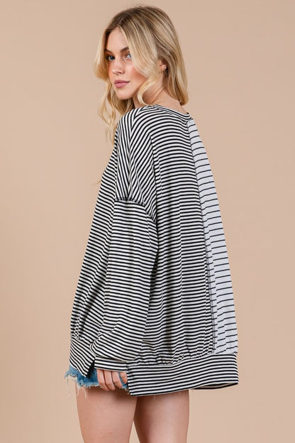 Ces Femme Striped Round Neck Long Sleeve Knit Top