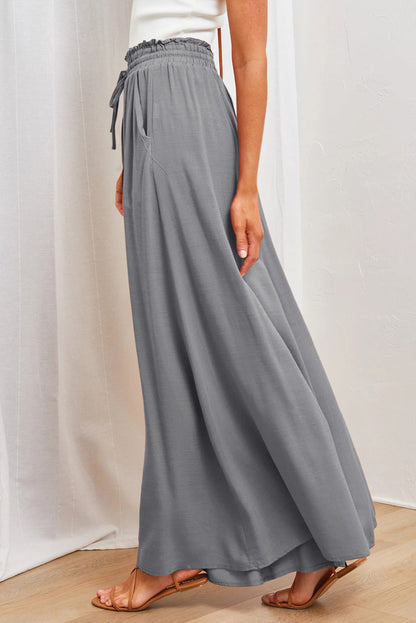 Gray Drawstring Smocked High Waist Wide Leg Pants