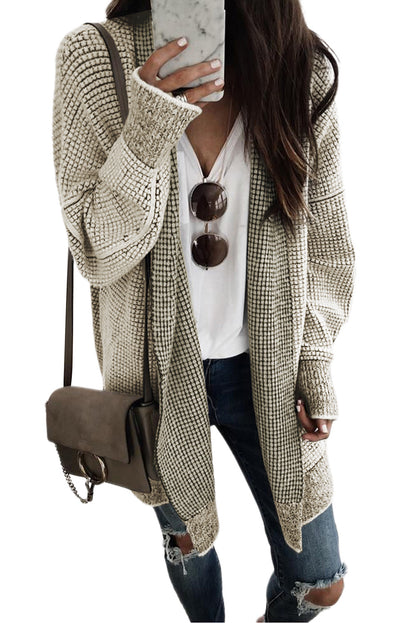 Rose Plaid Contrast Trim Casual Knit Long Cardigan