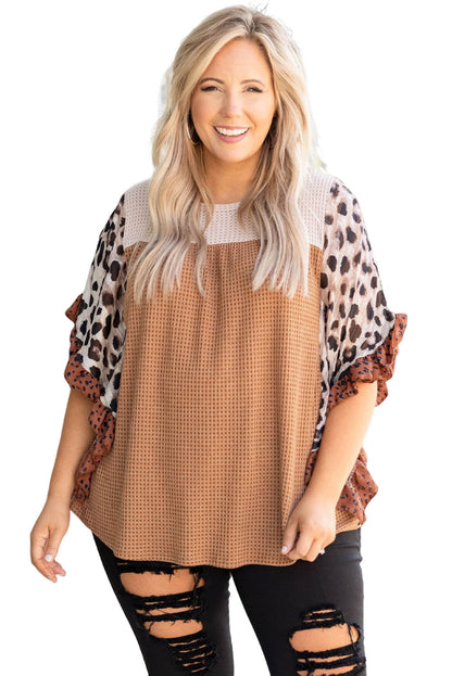 Black Rib Knit Animal Print Ruffle Sleeves Plus Size Top