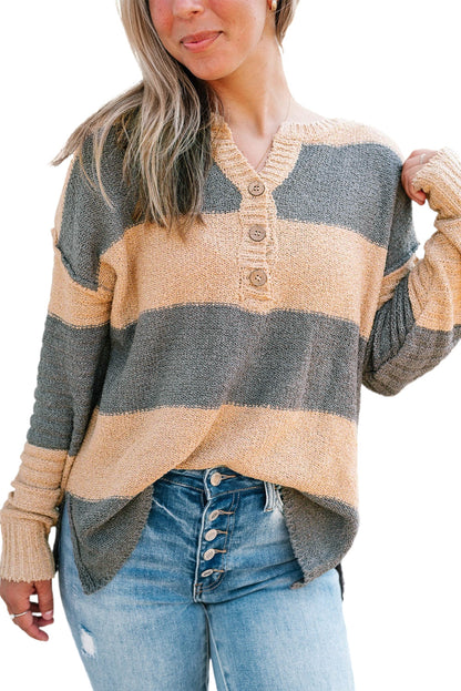 Khaki Colorblock Ribbed Contrast Trim Henley Sweater