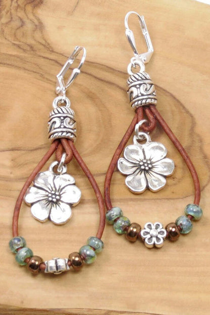 Silvery Leather Beaded Floral Dangle Earrings