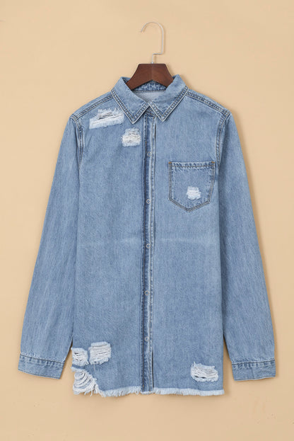 Light Blue Ripped Raw Hem Casual Button Up Denim Jacket