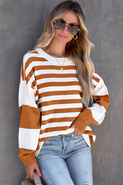 Blue Striped Casual Drop Shoulder Pullover Sweatshirt