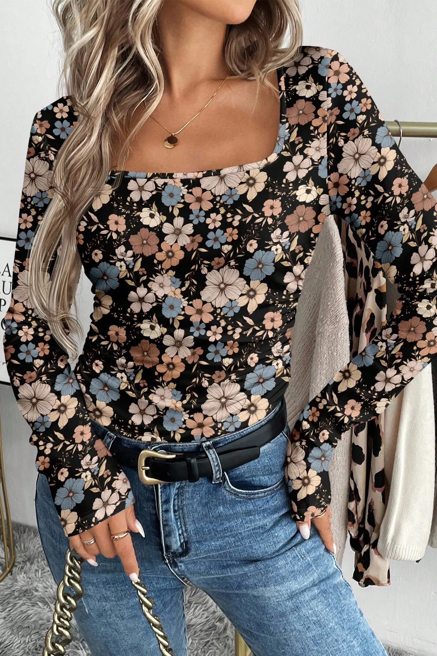 Black Leopard/Floral Print Slim Long Sleeve T Shirt