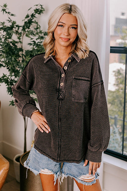 Black Dark Pink Waffle Exposed Seam Washed Henley Sweatshirt