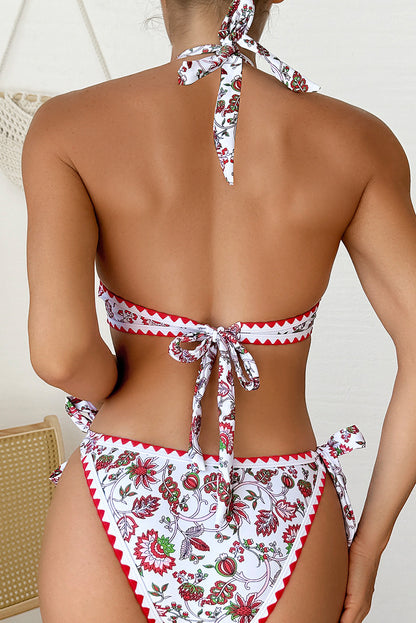 Red Floral Halter O Ring Backless Knot Bikini Set