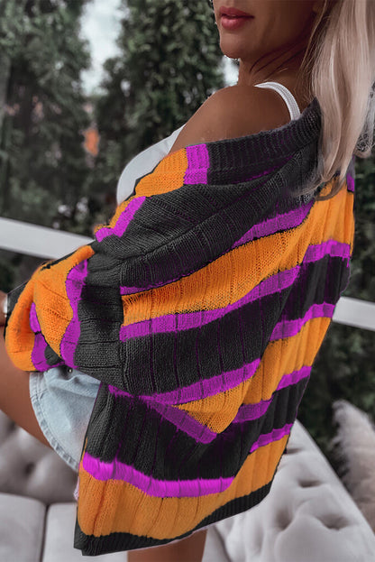 Orange Stripe Print Ribbed Knit Sweater Cardigan