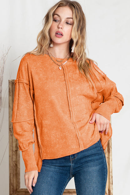 Orange Patchwork Long Sleeve Distress Pullover Top