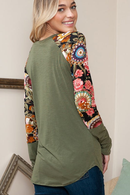 Plus Solid Floral Contrast Long Sleeve Top