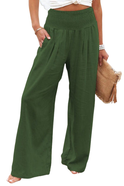 Khaki Smocked Wide Waistband High Waist Wide Leg Pants