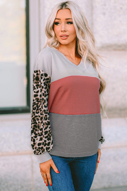 Leopard Print Color Block V Neck Waffle Knit Long Sleeve Top