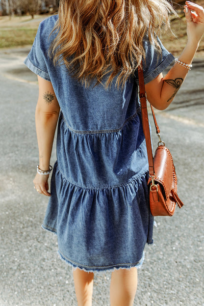 Gray Button Up Short Sleeve Denim Shirt Dress