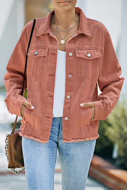 Red Distressed Raw Hem Pocket Buttons Denim Jacket