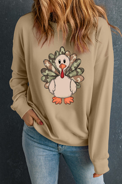 Khaki Camouflage Turkey Heat Transfer Printing Graphic Sweatshirt