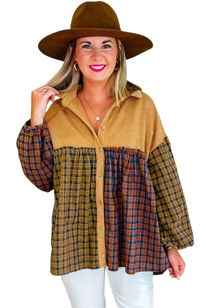 Khaki Yellow Plaid Frill Trim Lantern Sleeve Babydoll Shirt